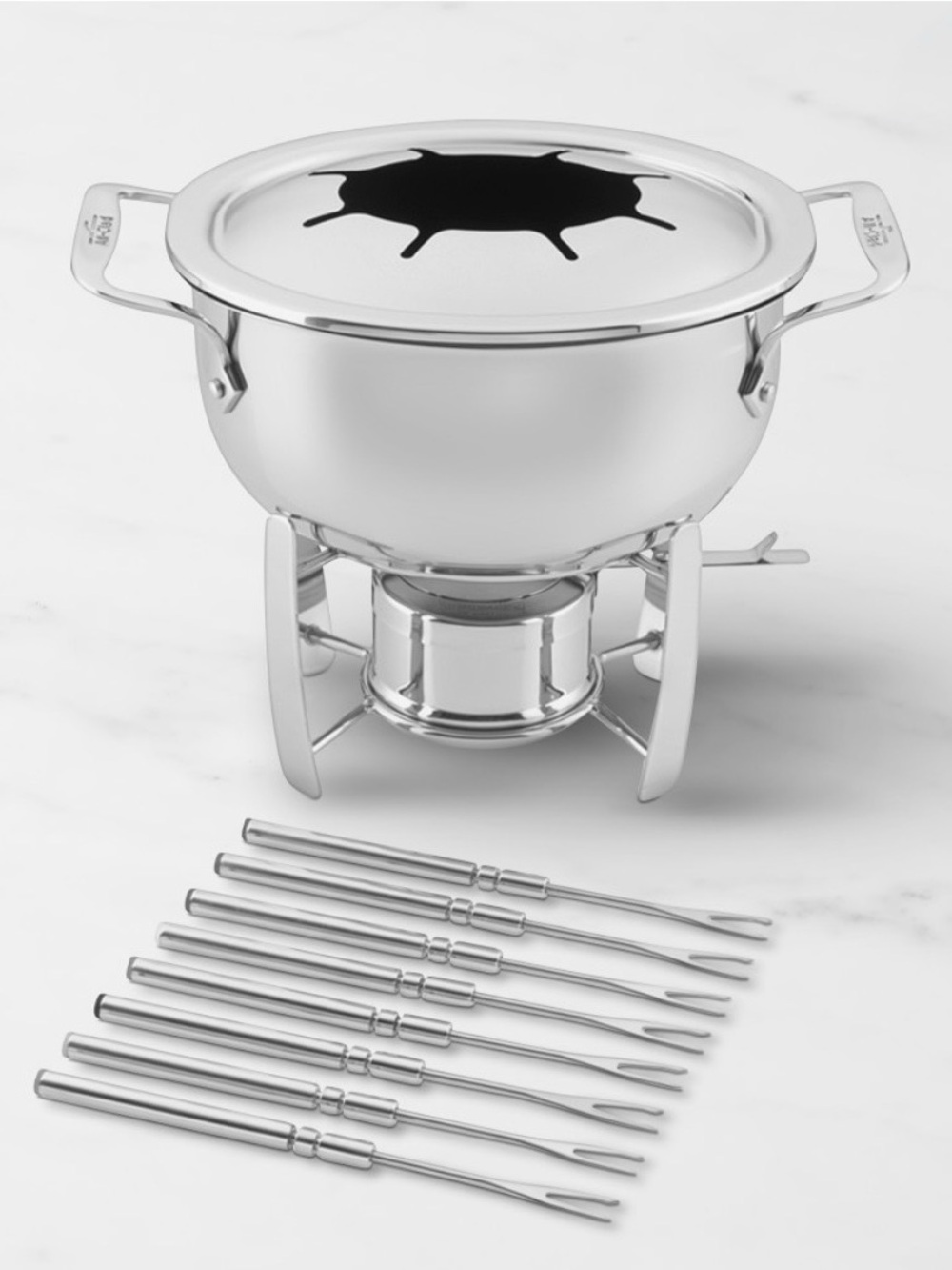 New! All-Clad Stainless Steel Fondue Pot Set with Color-Tipped Forks